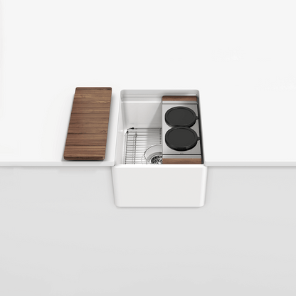 Julien Fira Apron Front Undermount Single Bowl Bar Set with ledge and walnut accessoriy kit, 15"x 19"x 8-3/4"