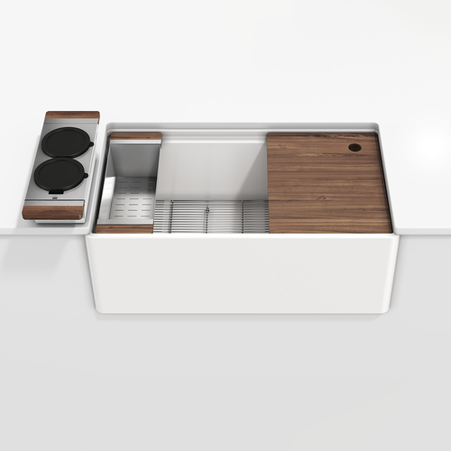 Julien Fira Apron Front Undermount Single Bowl Sink with Ledge, walnut accessory kit, 33"x 19"x 11-1/2"