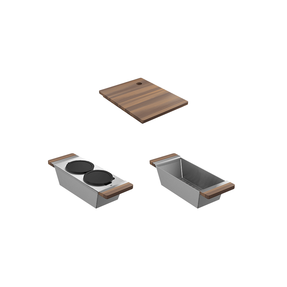 Julien Fira Apron Front Undermount Single Bowl Sink with Ledge, walnut accessory kit, 33"x 19"x 11-1/2"