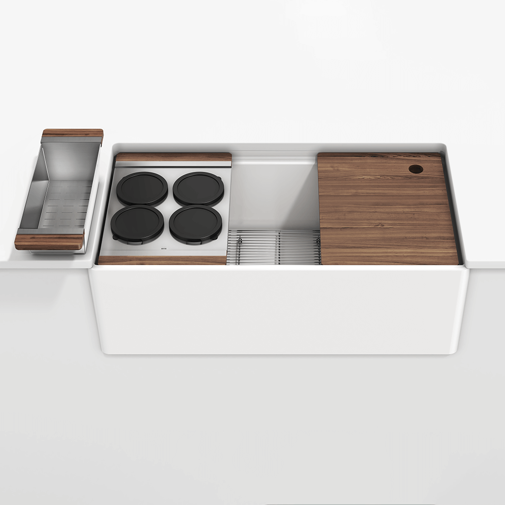 Julien Fira Apron Front Undermount Single Bowl Sink with Ledge, walnut accessory kit, 36"x 19"x 11-1/2"