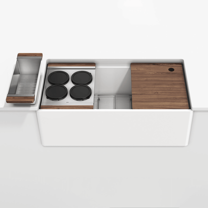 Julien Fira Apron Front Undermount Single Bowl Sink with Ledge, walnut accessory kit, 36"x 19"x 11-1/2"
