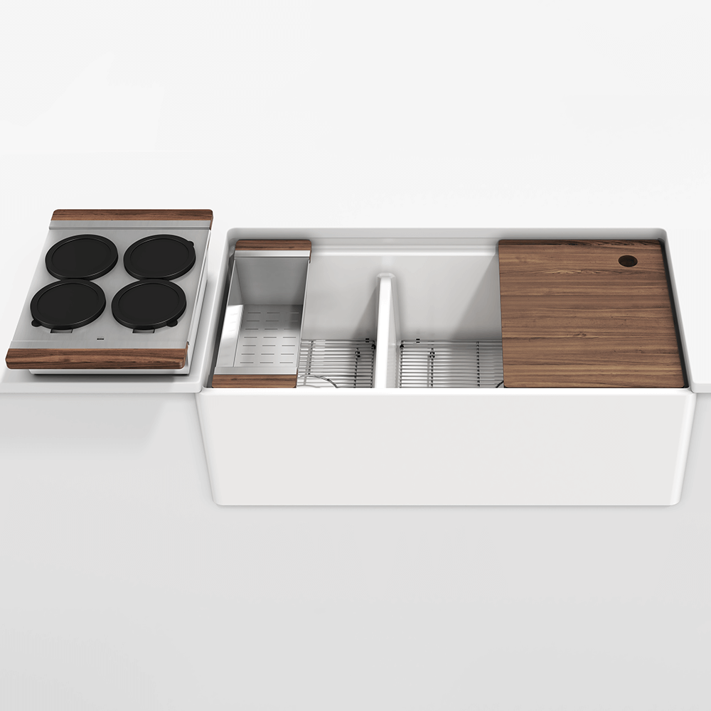 Julien Fira Apron Front Undermount Double Bowl Sink with Ledge, walnut accessory kit, 36"x 19"x 11-1/2"