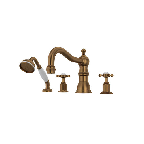 Perrin & Rowe Edwardian 4-Hole Deck Mount Column Spout Tub Filler with Handshower With Cross Handle