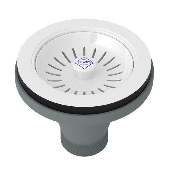 Shaws Manual Basket Strainer With Logo Branded White Porcelain Pull Knob
