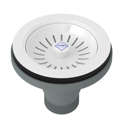 Shaws Manual Basket Strainer With Logo Branded White Porcelain Pull Knob