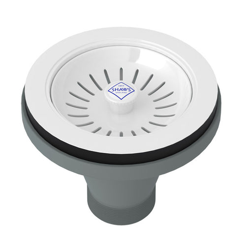Shaws Manual Basket Strainer With Logo Branded White Porcelain Pull Knob