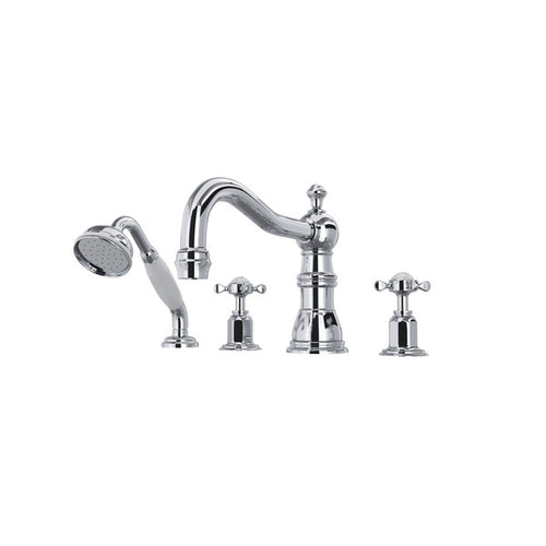 Perrin & Rowe Edwardian 4-Hole Deck Mount Column Spout Tub Filler with Handshower With Cross Handle