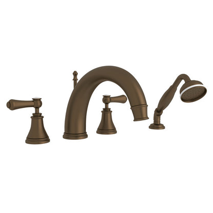 Perrin & Rowe Georgian Era 4-Hole Deck Mount C-Spout Tub Filler With Handshower - With White Porcelain Lever Handle.3648LSP