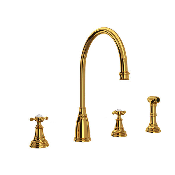 Perrin & Rowe Georgian Era 4-Hole C-Spout Kitchen Faucet With Side Spray With Cross Handle.4735X-APC