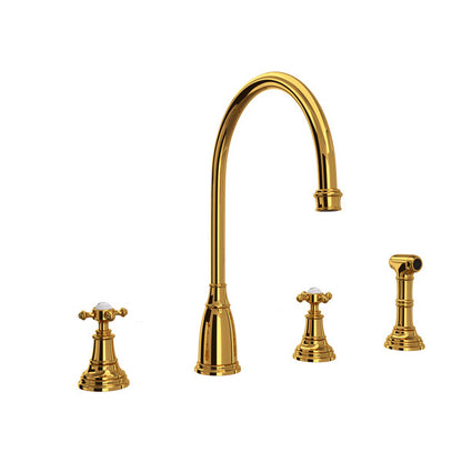 Perrin & Rowe Georgian Era 4-Hole C-Spout Kitchen Faucet With Side Spray With Cross Handle.4735X-APC