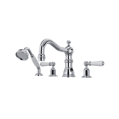 Perrin & Rowe Edwardian 4-Hole Deck Mount Column Spout Tub Filler With Handshower - With Metal Lever Handle.3745L
