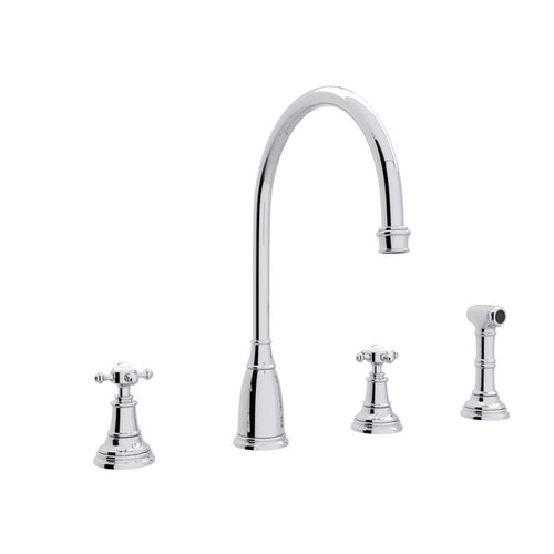 Perrin & Rowe Georgian Era 4-Hole C-Spout Kitchen Faucet With Side Spray With Cross Handle.4735X-APC