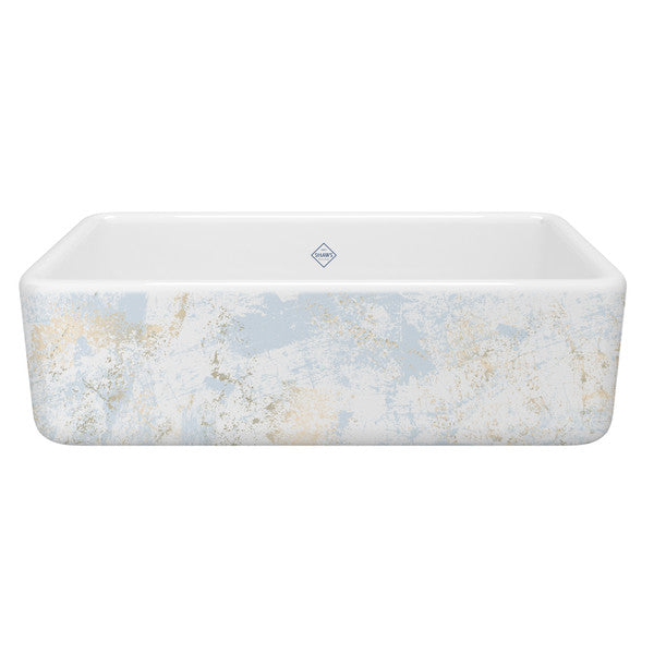 Shaws Lancaster™ 33" Single Bowl Farmhouse Apron Front Fireclay Kitchen Sink With Patina Design (Blue Gold)