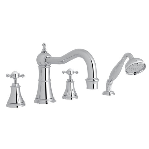 Perrin & Rowe Georgian Era 4-Hole Deck Mount Column Spout Tub Filler with Handshower With Cross Handle