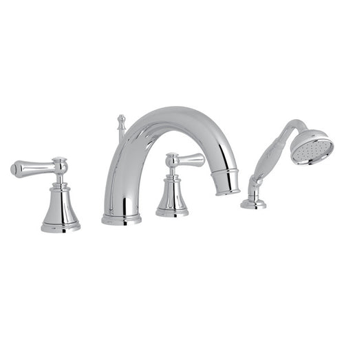 Perrin & Rowe Georgian Era 4-Hole Deck Mount C-Spout Tub Filler With Handshower - With White Porcelain Lever Handle.3648LSP