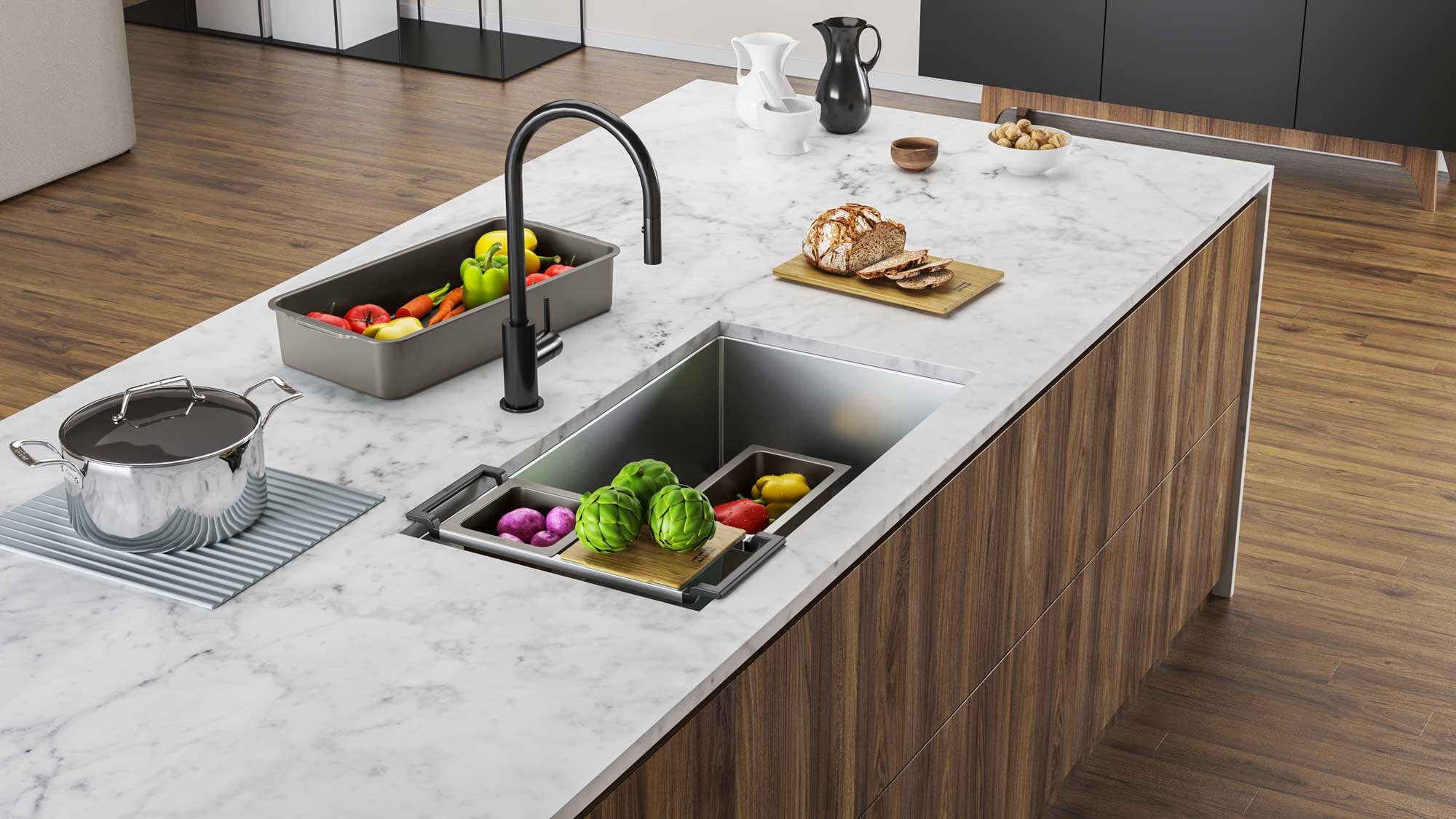 FRANKE Workcenter sink installed in a marble kitchen island with integrated accessories