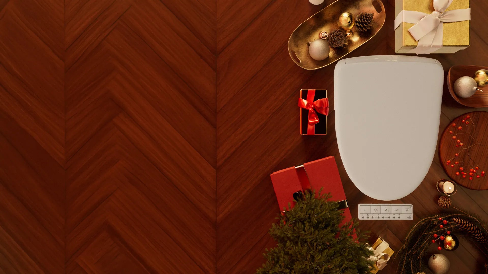 TOTO WASHLET beside a red ribbon and wrapped gifts on a warm wood surface
