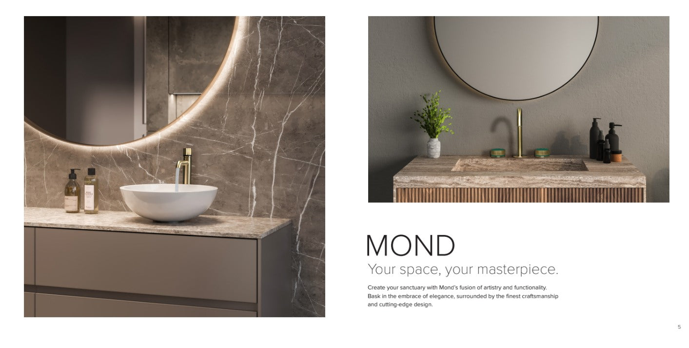 VOGT MOND gold faucet installed beside a vessel basin in a dark marble bathroom
