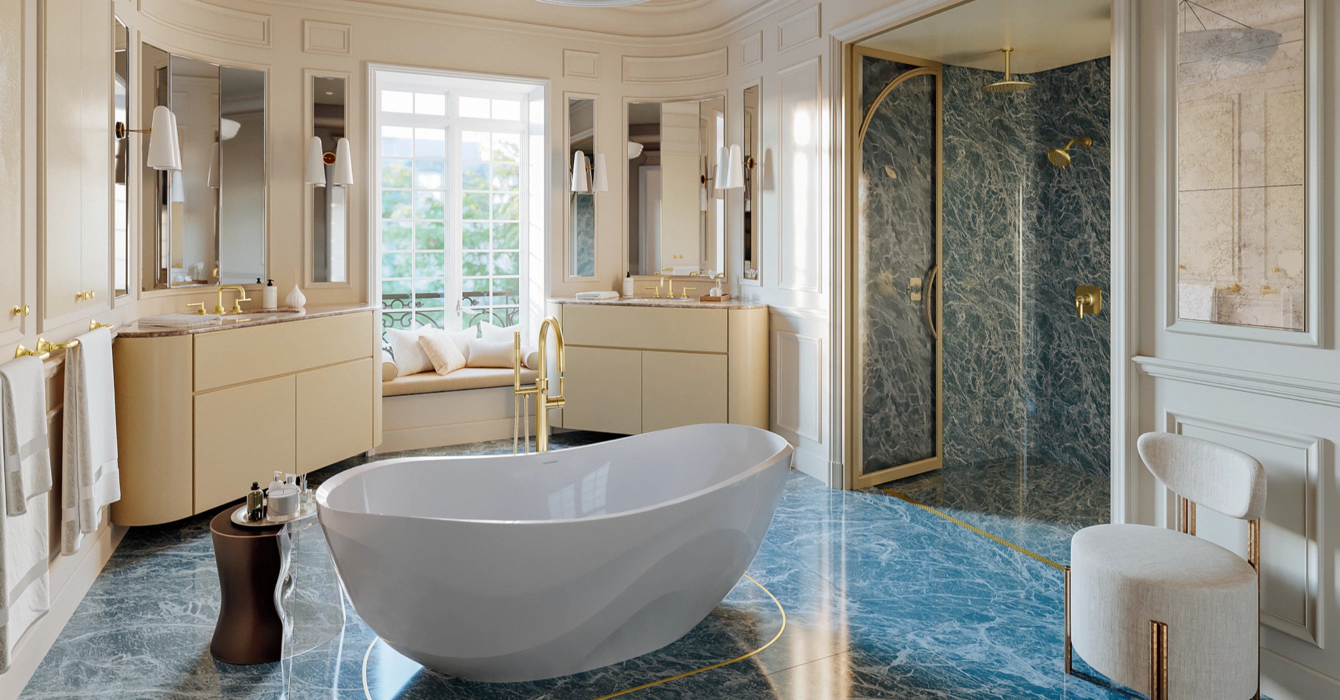 Victoria + Albert Seros bathtub in an elegant bathroom with marble finishes